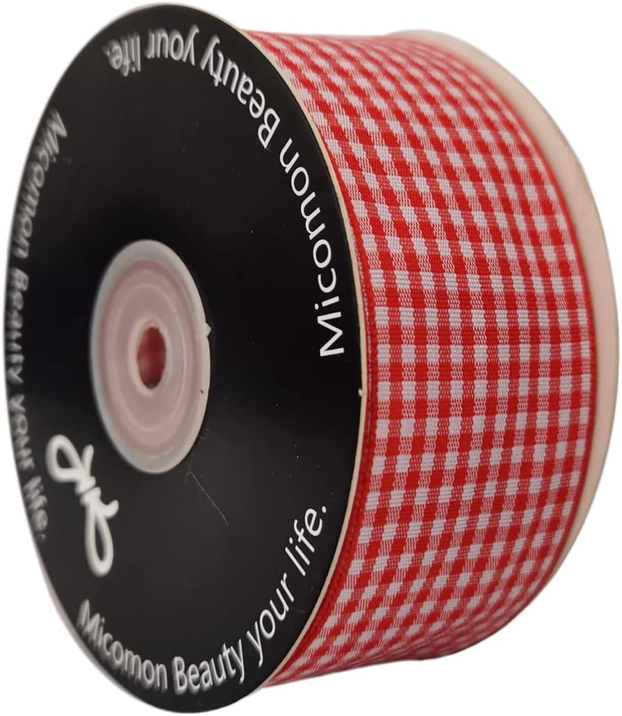 1.5 Inch Red and White Woven Edge 100% Polyester Gingham Ribbon 25 Yards Each Roll (1-1/2", Red) - Crafty Corner