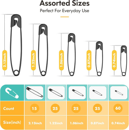 Huhuhero 160-Pack Safety Pins Assorted, Small and Large Safety Pins for Clothes Costume, 5 Different Sizes Nickel Plated Steel Pin Bulk, Sewing Arts Crafts Supplies, Black