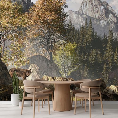 Wolf Near a Lake in a Rocky Mountain Landscape. Removable Wall Mural