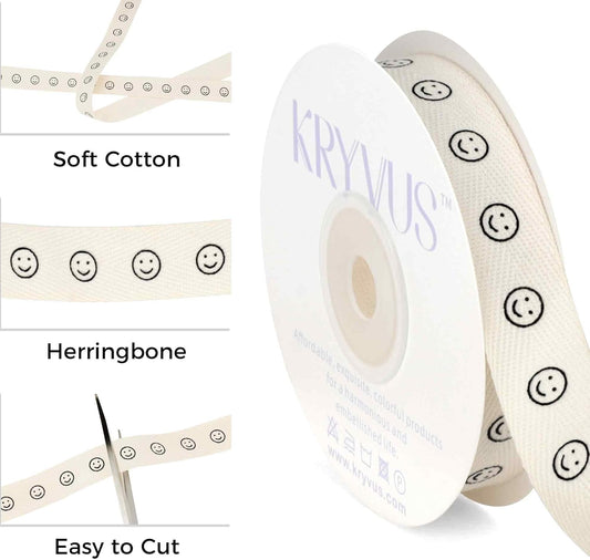 Smiley Faces Ribbon - 5/8 Inch x 12 Yards Natural Twill Tape Ribbon, Cotton Herringbone Ribbons for Gift Wrapping, Birthdays, Weddings, Christmas, Anniversaries, Valentine's Day, Mother's Day - Crafty Corner