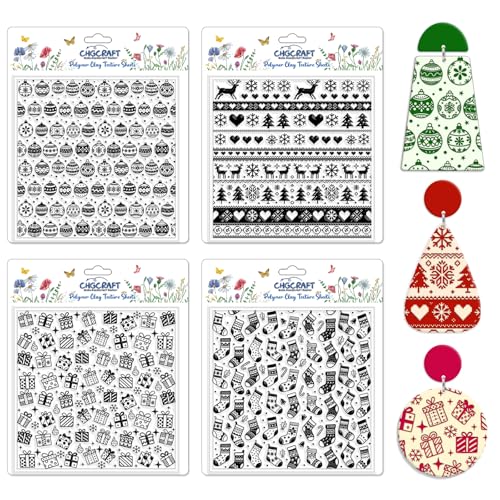 4 Pcs Christmas Polymer Clay Texture Sheets Knitted Patterns Silicone Texture Stamp Snow Socks Clay Texture Mat Modeling Pattern Pad Sheets for Jewelry and Earrings Tools