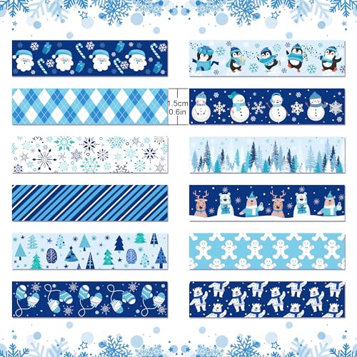 12 Pcs Christmas Washi Tape Blue Snowflake Print Masking Tape Frozen Pattern Decorative Paper Sticker for Christmas Party Holiday Scrapbook Handbook Sticker (196.8 Foot)