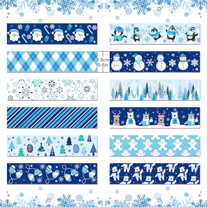 12 Pcs Christmas Washi Tape Blue Snowflake Print Masking Tape Frozen Pattern Decorative Paper Sticker for Christmas Party Holiday Scrapbook Handbook Sticker (196.8 Foot)