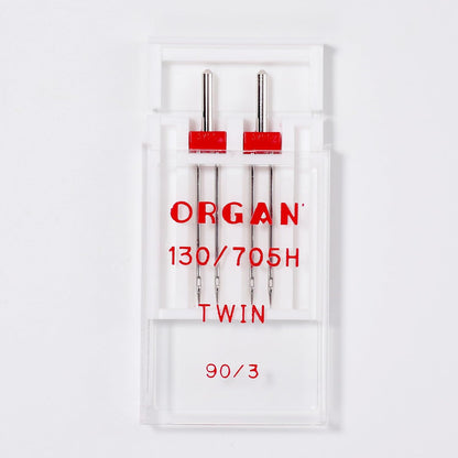 Organ Twin Sewing Machine Needles (Double Needle) Size 90/14 3.0mm, for Medium-Heavy Fabrics, Topstitching, Hems, Compatible with Singer, Brother, Janome Home Machines