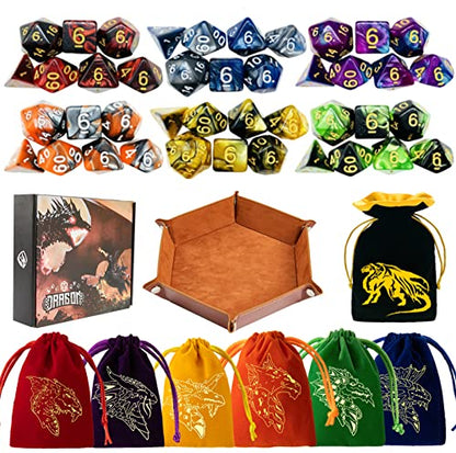DND Dice Set 42 Pcs Polyhedral Dungeons and Dragons Rolling Dice for D&D RPG MTG Table Games Dice Bulk with Colorful Drawstring Bags and Dice Tray (49 Count)