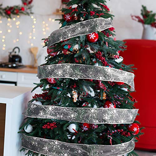 2.5 Inch Wide Christmas Wired Ribbon Snowflake Organza Sheer Glitter Ribbon for Xmas Tree (65.69999999999999 Foot)