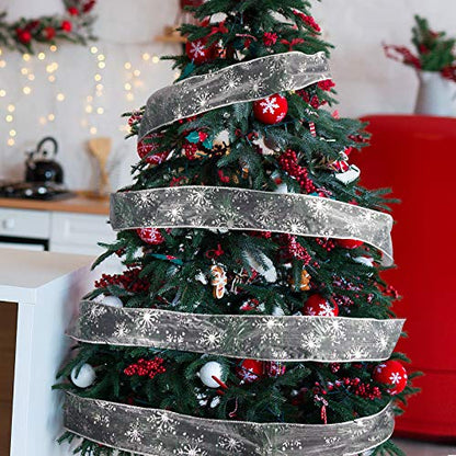 2.5 Inch Wide Christmas Wired Ribbon Snowflake Organza Sheer Glitter Ribbon for Xmas Tree (65.69999999999999 Foot)