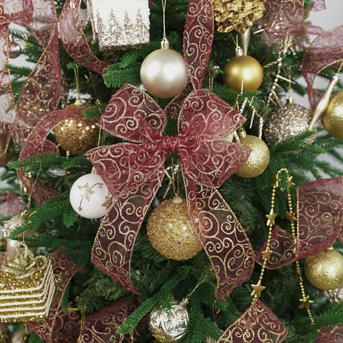 Red Gold Swirl Wired Ribbon 2.5 Inch Dark Red Sheer Ribbon with Gold Swirl Glitter Wired Organza Ribbons 25 Yards Burgundy Sheer Christmas Ribbons for Christmas Tree (75 Foot)