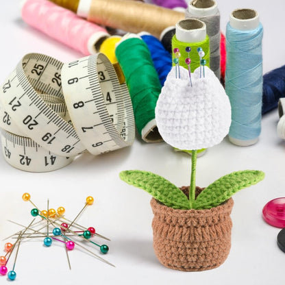 Tulip Pin Cushion, Handmade Knitted Pincushions, Cute Pin Cushions Needle Holders for Sewing Quilting Accessory, DIY Crafts or Patchwork Decor.Flowerpot Design White Tulip
