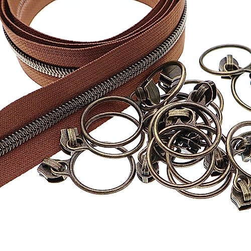 5 Antique Brass Metallic Nylon Coil Zippers by the Yard Bulk 10 Yards with Ring Pulls