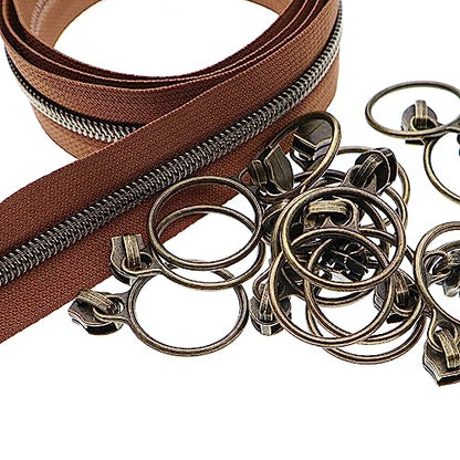 5 Antique Brass Metallic Nylon Coil Zippers by the Yard Bulk 10 Yards with Ring Pulls