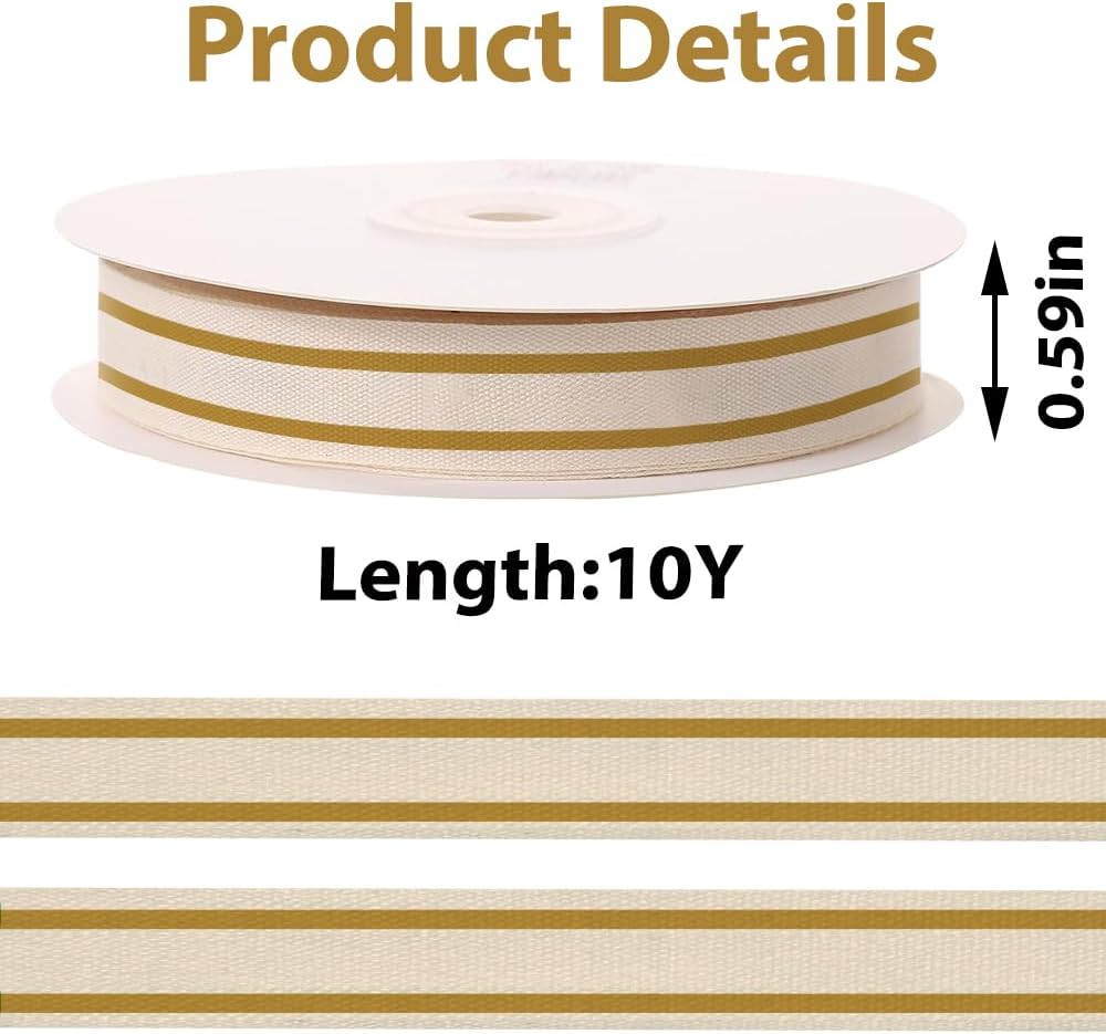 10 Yards × 3/5 Inch Golden Natural Cotton Ribbon, Double Sided Webbing Straps Ribbons, Birthday Wedding Valentines Ribbons for Crafting, DIY Sewing, Gift Wrapping - Crafty Corner