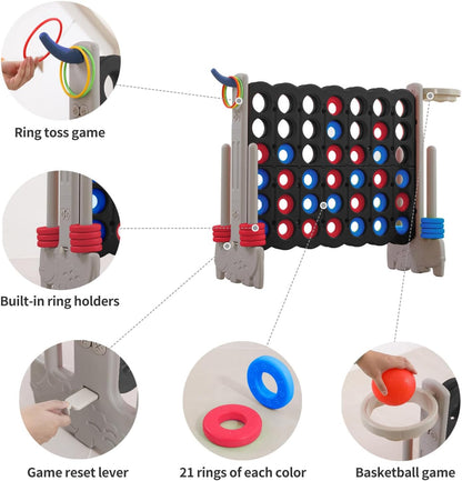 UNICOO Giant 4-in-A-Row with Carry Bag, Ring Toss, Basketball Hoop - Large Outdoor Game for Family Fun - Big Jumbo Game Set for Backyard Parties, BBQs, and Gatherings (Black & Grey)