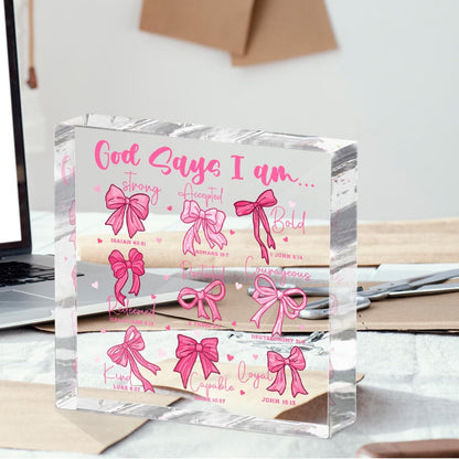 Positive Affirmation Bible Verse Desk Decor Acrylic Sign 4X4 Inch, Preppy Coquette Pink Bow Desk Decorative Signs for Shelf Tabletop Cubicle Room Office, Christian Gifts for Women Men Friends