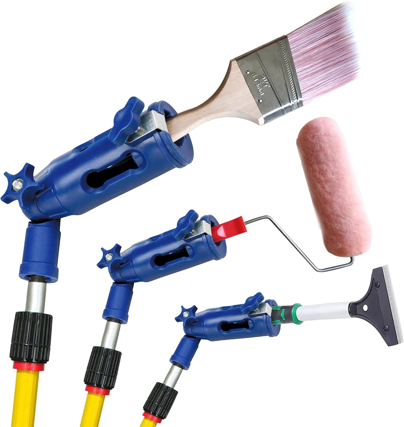 Multi-Angle Paint Brush Extender - Extension Pole Attachment Holder for Paint Brush, Roller, Scraper - for Walls, Trims, Corners, Ceilings & Hard to Reach Areas - Rotating Head, Secure Handle Grip