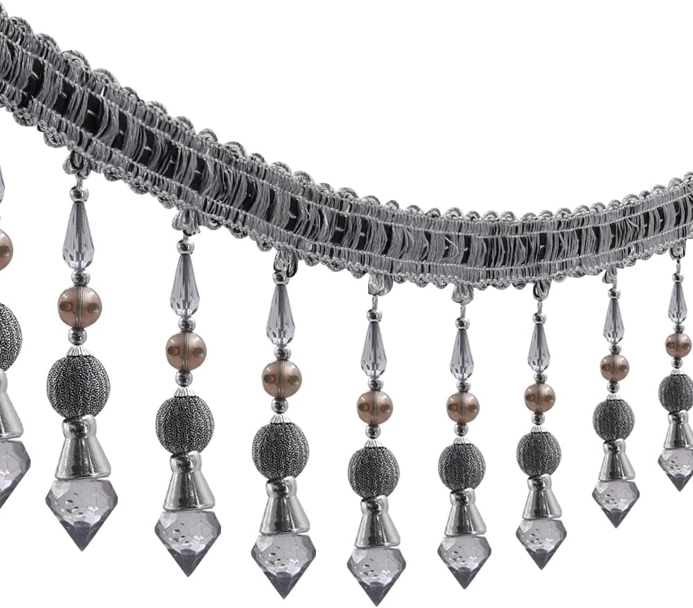 3yards Beading Fringe Trimming Long Beads Tassel Curtain Trim Ribbon Trim for Cover Edge Decorative (Gray) - Crafty Corner