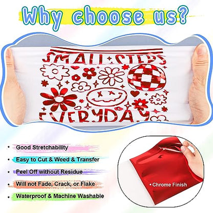 Red Metallic Foil Heat Transfer Vinyl Roll 12" x12ft Red Iron on Vinyl Chrome HTV Vinyl Easy to Cut & Weed DIY Heat Press Design for T