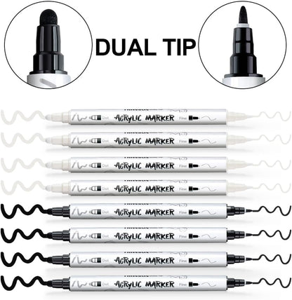 TRANSON 4 Black and 4 White Paint Markers Bold and Fine Dual-tip Acrylic Paint Marker Set for Rock Painting Glass Canvas Wood Leather Ceramic Painting