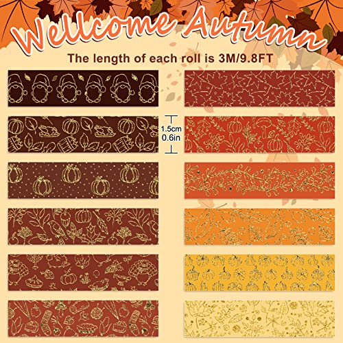 12 Rolls Fall Washi Tapes Foil Gold Decorative Tape Autumn Gnome Pumpkin Fall Leaves Turkey Patterned Masking Tape for Fall Thanksgiving Scrapbook Journal DIY Craft Gift Wrapping (12 Count)