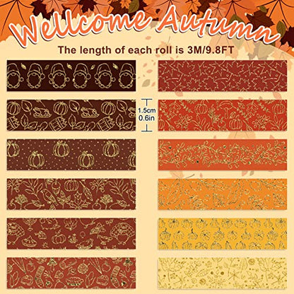 12 Rolls Fall Washi Tapes Foil Gold Decorative Tape Autumn Gnome Pumpkin Fall Leaves Turkey Patterned Masking Tape for Fall Thanksgiving Scrapbook Journal DIY Craft Gift Wrapping (12 Count)