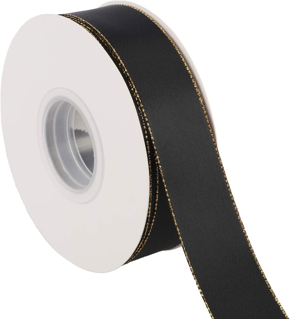 ITIsparkle 1" Inch Double Faced Satin Ribbon 25 Yards with Gold Edges, 1" X 25Yd - Black - Crafty Corner