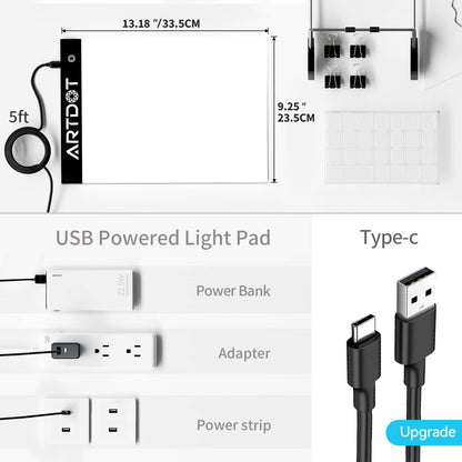 ARTDOT A4 LED Light Pad for Diamond Painting Kits for Adults, USB Powered Adjustable Brightness Diamond Art Light Board with Accessories