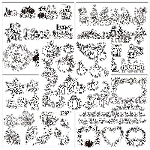 5 Sheet Fall Thanksgiving Clear Stamps Autumn Leaves Pumpkin Gnome Silicone Transparent Stamps Happy Fall Border Stamp Cards for DIY Craft Card Making Scrapbooking Embossing Album Decor (5 Count)