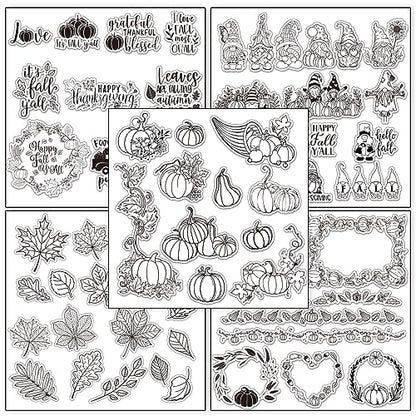 5 Sheet Fall Thanksgiving Clear Stamps Autumn Leaves Pumpkin Gnome Silicone Transparent Stamps Happy Fall Border Stamp Cards for DIY Craft Card Making Scrapbooking Embossing Album Decor (5 Count)