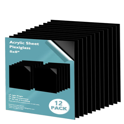 Egofine 8" x 8" Black Plexiglass Sheets 12 Pack 0.04 Inch Cast Acrylic Sheet Thick for DIY Craft Projects, Painting, Photography, Sign, Display Stand, Home Decor, Easy to Cut