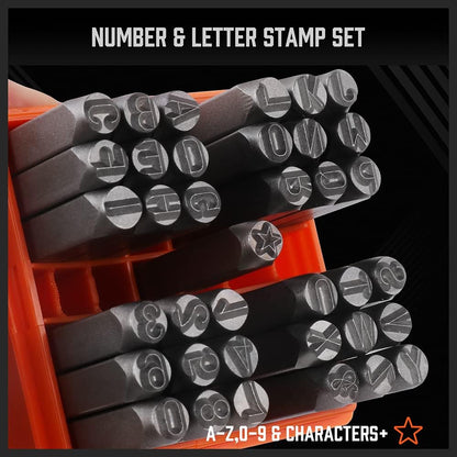 HORUSDY 37-Piece Number and Letter Stamp Set 1/4 (6mm) (A-Z & 0-9 + Stars) Punch Perfect for Imprinting Metal Stamping kit, Plastic, Wood, Leather