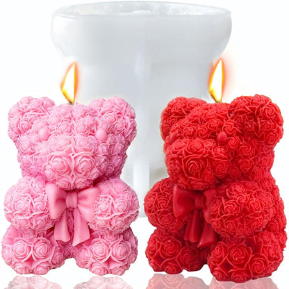 3D Bowtie Rose Teddy Bear Silicone Candle Mold for DIY Soap & Resin Crafts