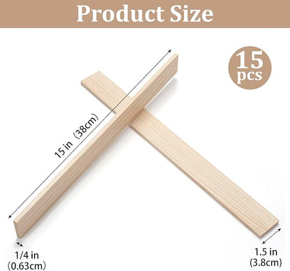 Wood Strips Slats for Wall, Wooden Sticks for Crafts 1/4" ×1.5" × 15", 15 PCS Wood Trim Planks Flat Lumber Boards Square Dowel Rods Wooden Dowels for Crafting, Woodworking, Model Making