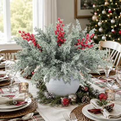 12 Pcs 16.5" Artificial Christmas Snow Pine Branches with Red Berry Stems (12 Count)