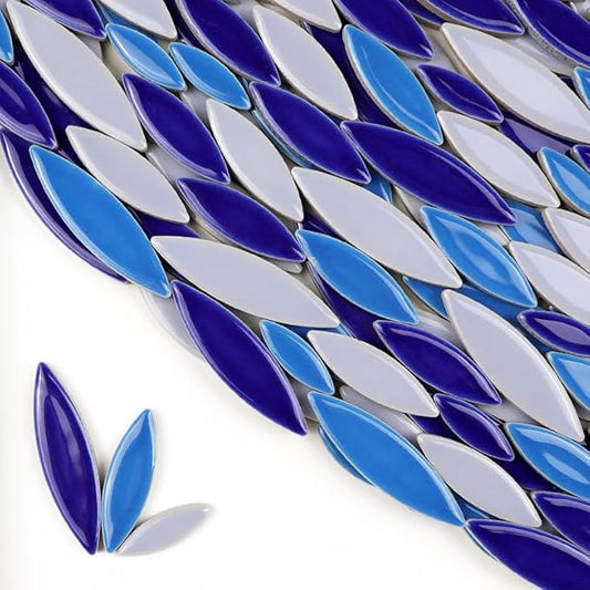 200g Ceramic Petals Bulk Mosaic Tiles for Craft, Small Oval Stepping Stone Kit, Glazed Porcelain Pieces for Coaster Tray House Number Mirror Lamp Home Decorations (RoyalBlue,Blue,Grey)