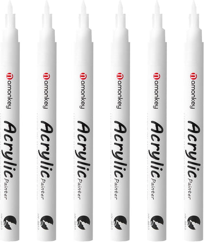 White Paint Marker Pens 6 Pack 0.7mm Extra Fine Tip, Permanent Acrylic Ink for Rock, Wood, Metal, Glass, Ceramic, Plastic, Canvas, Pens for DIY Crafts, Art & Fine Detailing