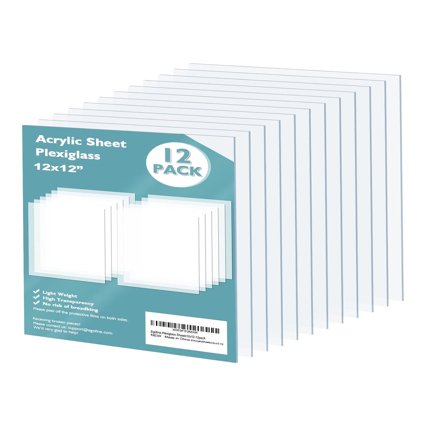 Egofine Plexiglass Sheets Acrylic Sheets 12 Pack of 12x12’’ 0.04 Thick Clear Plastic Cast Transparent Plexi Glass for Crafting Projects, Replacement Picture Frame Glass, DIY Display, Easy to Cut
