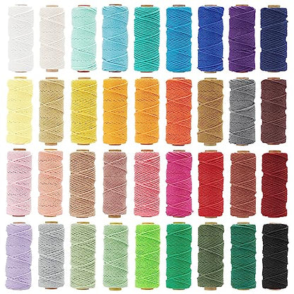 36 Colors Macrame Cord 3mm x 1188 Yards Natural Colored Macrame Supplies 4 Strand Twisted Macrame Kit Cotton Cord Rope Macrame Yarn Twine String for Crafts Wall Hanging Plant Hanger DIY Knitting (3564 Foot)