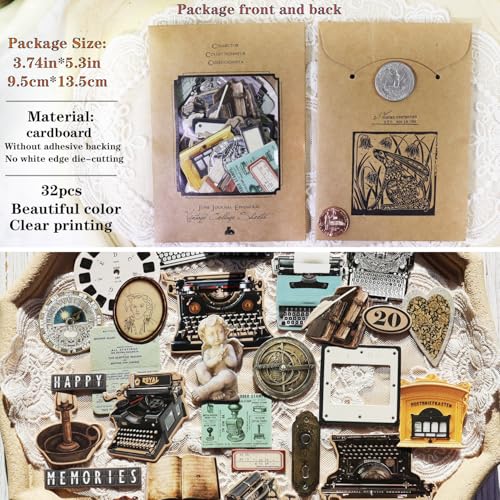 Vintage Junk Journal Items Kit Pre Cut Paper Cards Cutout Cardstock Art Aesthetic Decor Hollow Out Craft Elements Small Embellishments Supplies for Adults Scrapbook Pack