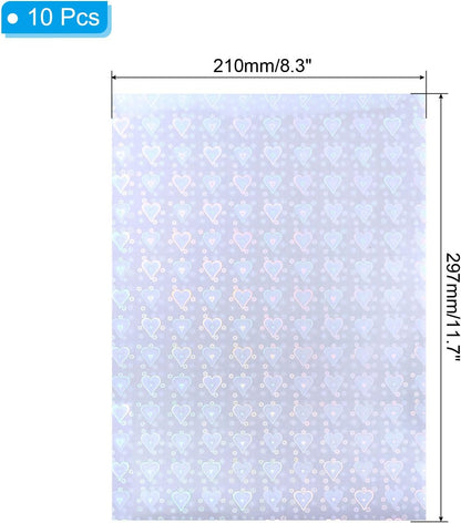 PATIKIL 11.7x8.3" Holographic Sticker Paper, 10Sheets A4 Polypropylene Self-adhesive Transparent Waterproof Laminate Overlay Film for Photo Cards Scrapbook Decorations, Heart