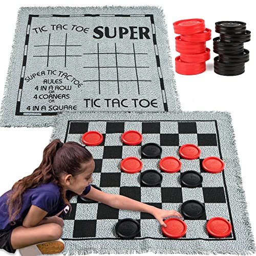 3-in-1 Vintage Giant Checkers, Tic, Tac, Toe, with Reversible Mat, 24 Chips, Family Board Game, Lawn Game, BBQ Party Favor, Indoor and Outdoor Activity for Kids and Adults (24 Count)
