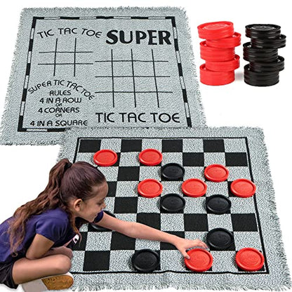 3-in-1 Vintage Giant Checkers, Tic, Tac, Toe, with Reversible Mat, 24 Chips, Family Board Game, Lawn Game, BBQ Party Favor, Indoor and Outdoor Activity for Kids and Adults (24 Count)