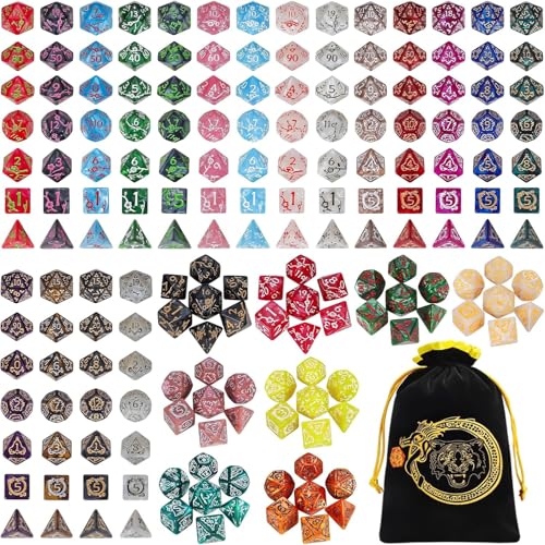 Polyhedral Dice with Engraved Designs & Drawstring Pouch (182 Count)