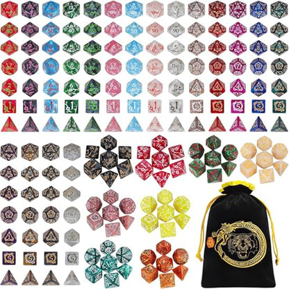 Polyhedral Dice with Engraved Designs & Drawstring Pouch (182 Count)
