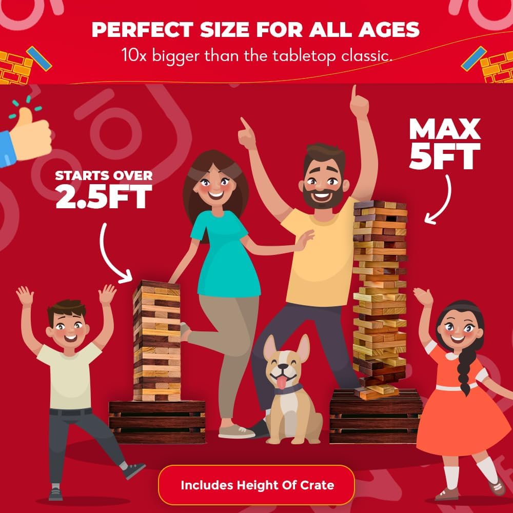 SWOOC Games - Reclaimed Giant Tower Game (Weather Resistant) 60 Blocks + Storage Crate/Outdoor Game Table | Stacks up to 5ft | Giant Outdoor Tower for Adults | Large Yard Activity | Jumbo Lawn Fun