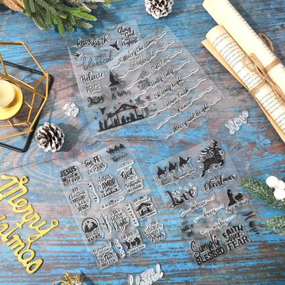 4 Sheets Christmas Clear Stamps Greeting Words Nativity Scene Silicone Transparent Stamps Holy Night Stamp for Xmas DIY Craft Card Making Scrapbooking Embossing Album Decor (4 Count)