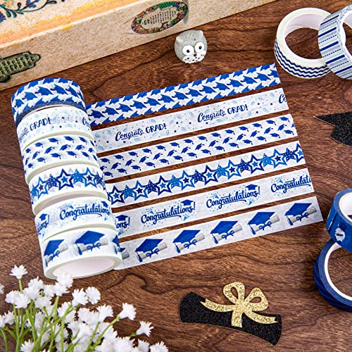12 Rolls Graduation Washi Tape Blue White Congrats Grad Washi Masking Tape Congratulations Star Grad Cap Decorative Paper Stickers for Graduation Scrapbook Gift Wrapping DIY Art Crafts (12 Count)