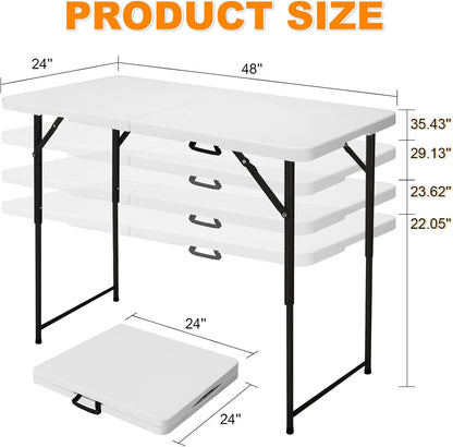 4ft Folding Table, Portable Fold-in-Half Adjustable Height Utility Table for Indoor/Outdoor Use, Durable HDPE & Steel, Stable & Lightweight, Multi-Purpose, White
