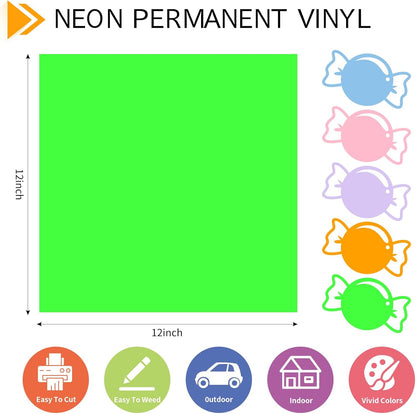 GIRAFVINYL Neon Permanent Vinyl 5 Sheets - 12”x12” Easy to Weed Bright Color Neon Permanent Adhesive Vinyl for Mugs, Sign, Banner,