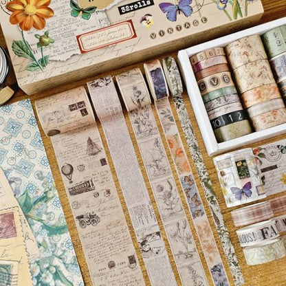 32 Rolls Vintage Rainbow Washi Tape Set Aesthetic Decorative scrapbook Tape (32 Count)