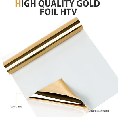HTVRONT Metallic Gold HTV Vinyl Roll - 12" x 8ft Gold Heat Transfer Vinyl for T Shirts, Gold Iron on Vinyl for All Cutting Machine - Easy to Use for Heat Transfer Project (Metallic Gold)